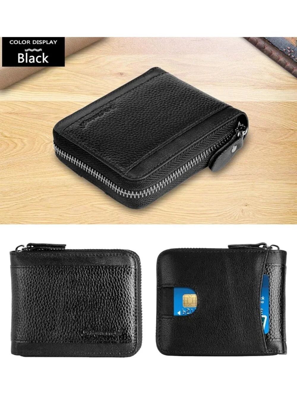 Men's RFID Blocking Leather Bifold Wallet with Zipper, Card Holder & Secure